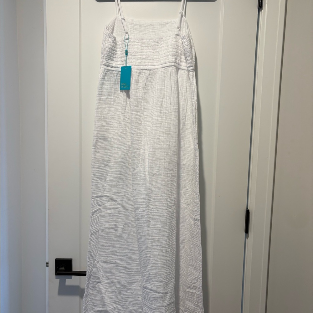 Posh Peanut White Smocked Square-Neck Cotton Crinkle Dress - Picture 3 of 10